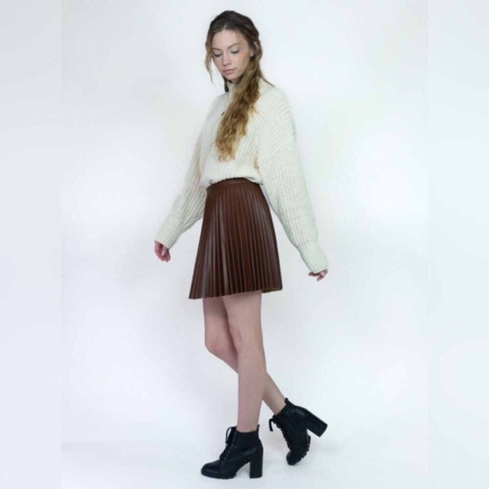 NWT GILLI Brown Faux Leather Pleated SEXY Mini Skirt STYLE JS2020 LARGE